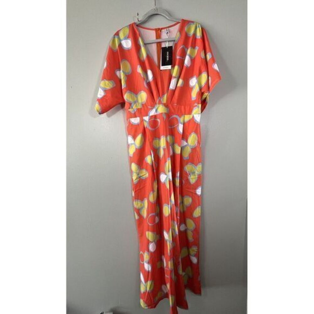Uoozee Tropical Hawaii Jumpsuit Women M Orange‎ Wide Leg V Neck Abstract Floral